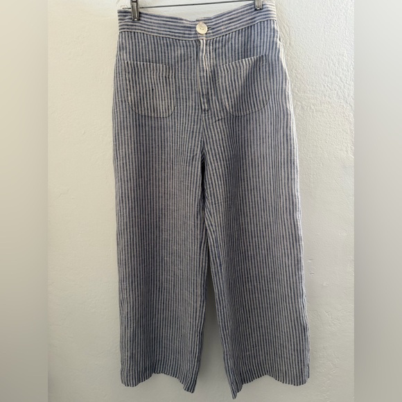 De Castro Pants - De Castro Blue White Striped 100% Linen Cropped Wide Leg Pants M